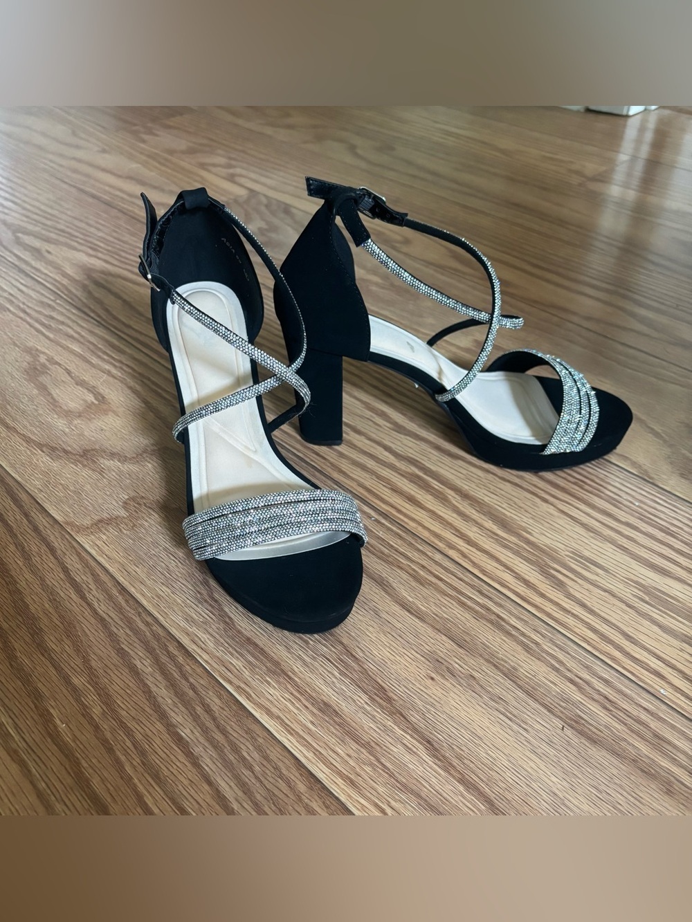 Black Strappy Block Heel Sandals with Silver Rhinestones